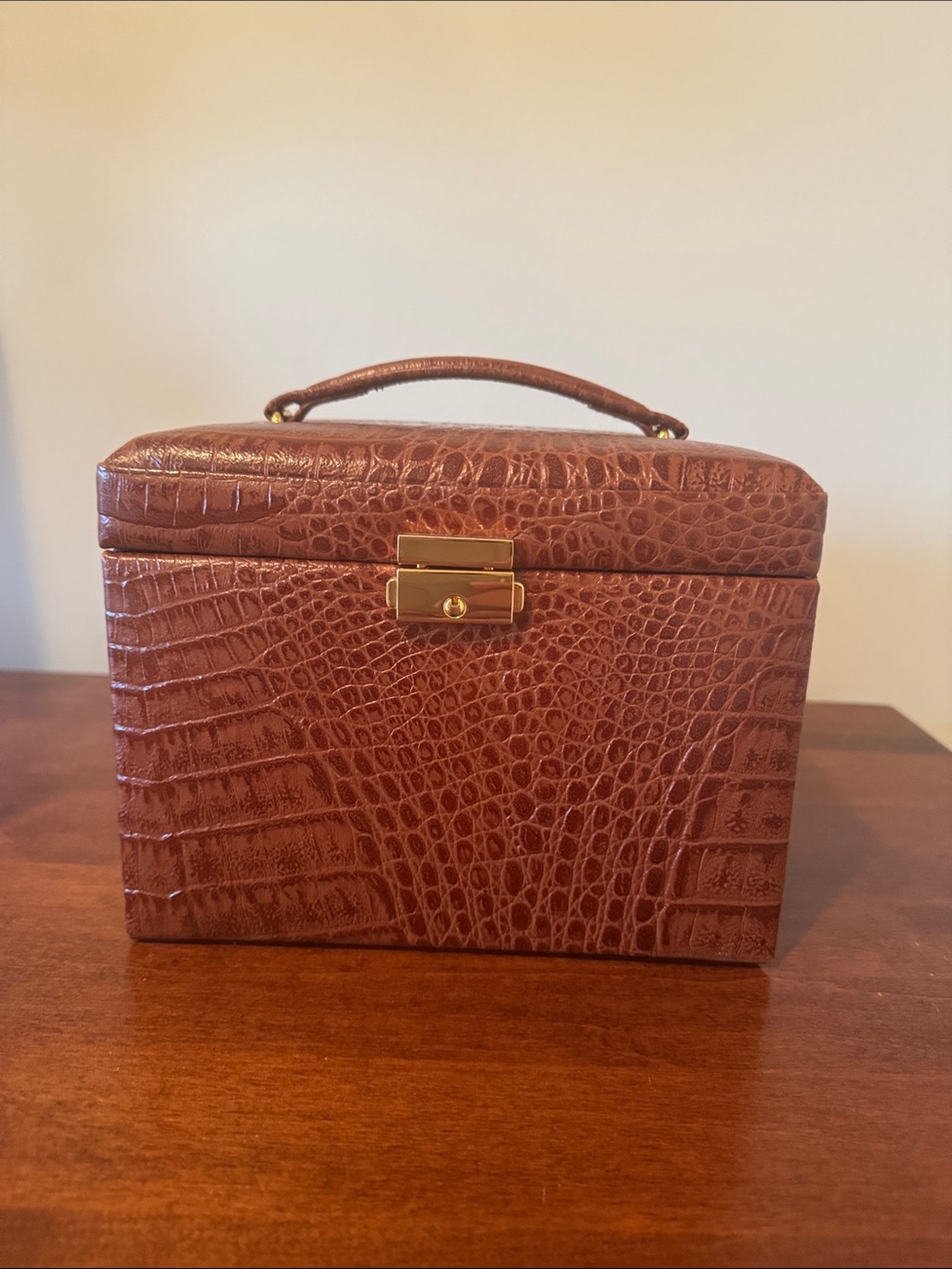 WOLF DESIGNS Brown Faux Croc Jewelry Box with Top Handle